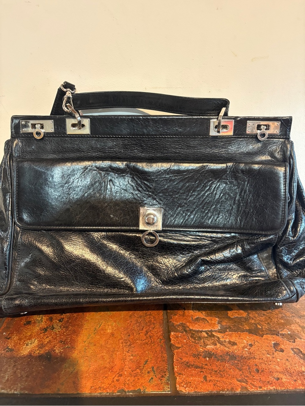 Trussardi Black Leather Top-Handle Satchel with Silver Hardware
